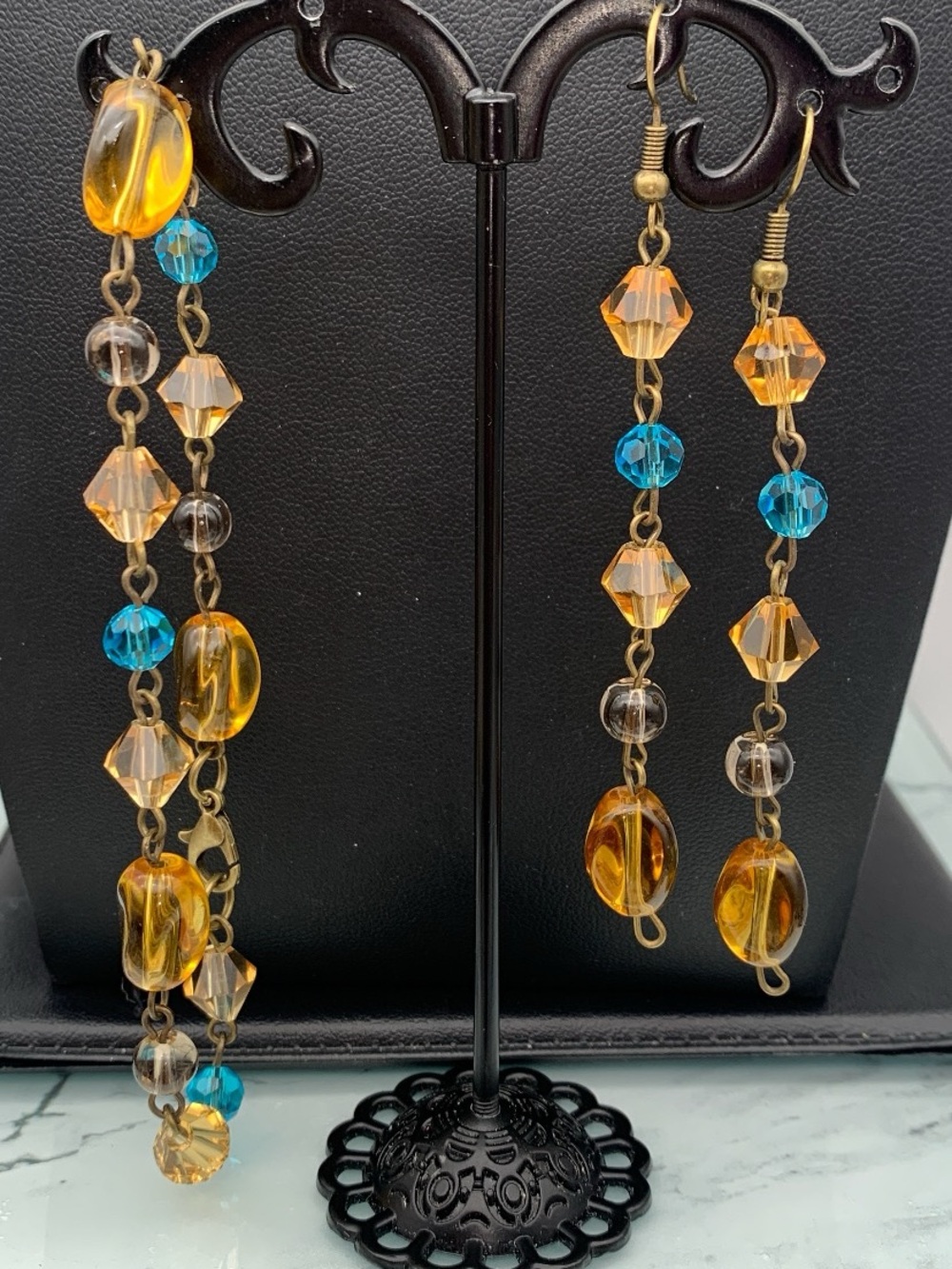 Vintage-Inspired Amber and Blue Beaded Drop Earrings and matching bracelet set